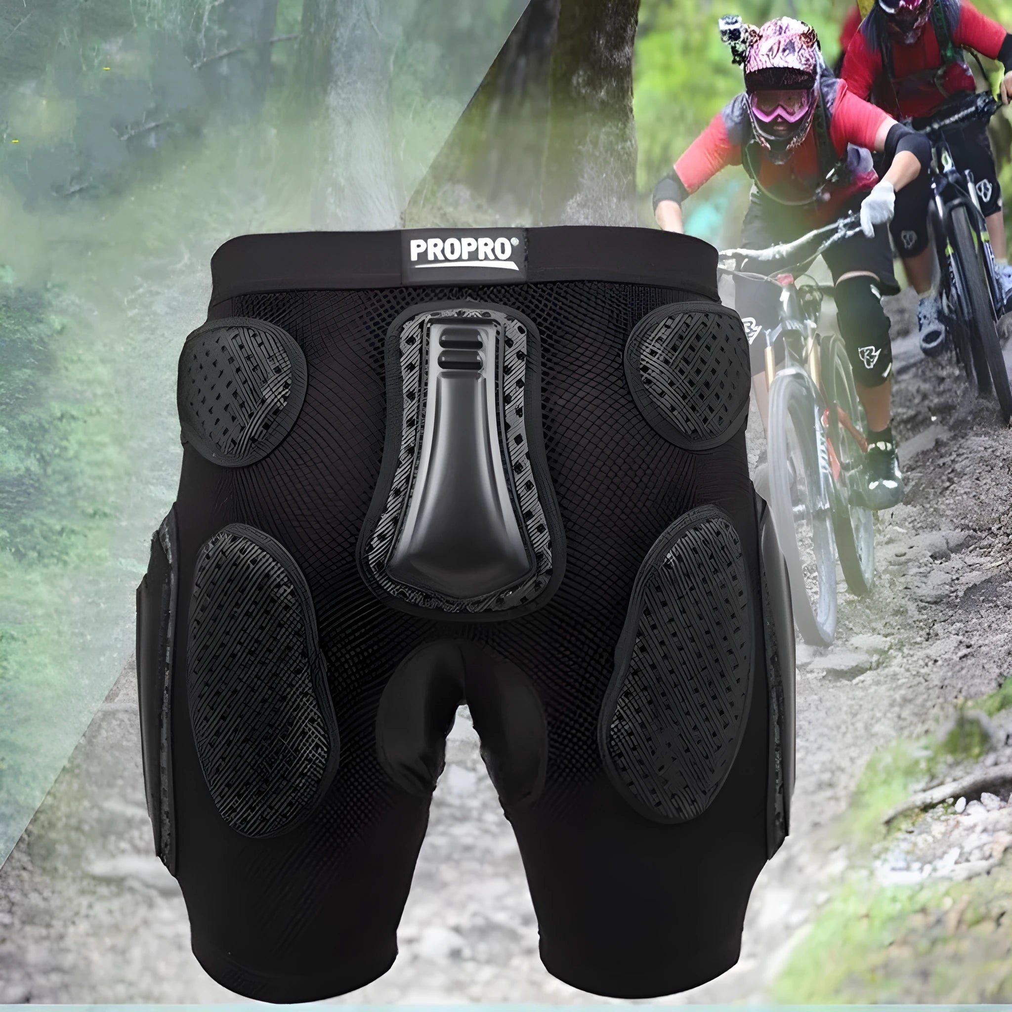 Black cycling hip protection pants with foam padding in sizes S, M, L, XL