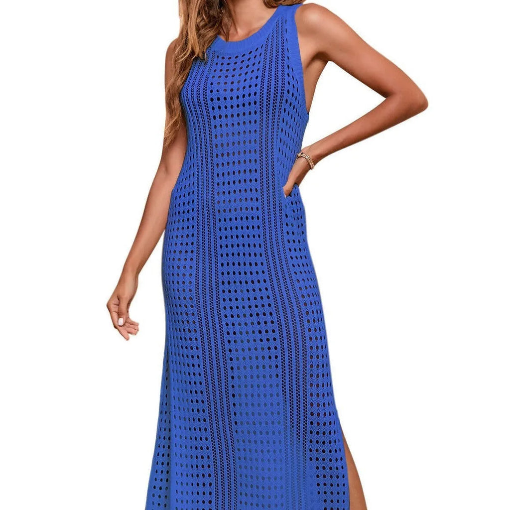 Long, loose women's beach blouse in a hollow-out knitted fabric, shown in a solid colour.