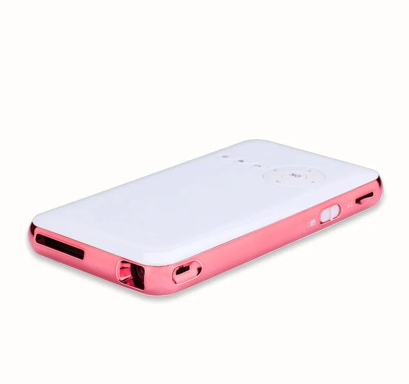 White rose gold miniature DLP Android projector showing compact 145mm design with smartphone connectivity