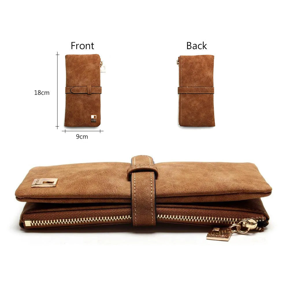 Vertical women's long wallet in retro matte Pu leather with zip closure showing interior card slots and phone pocket