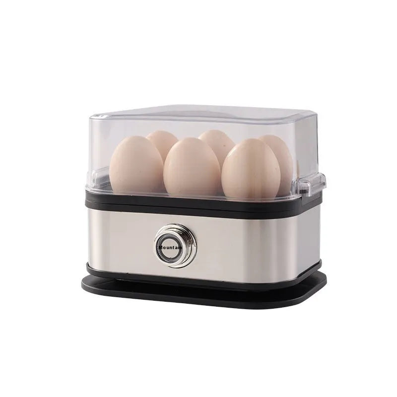 Black stainless steel portable egg boiler with universal voltage and international plug compatibility