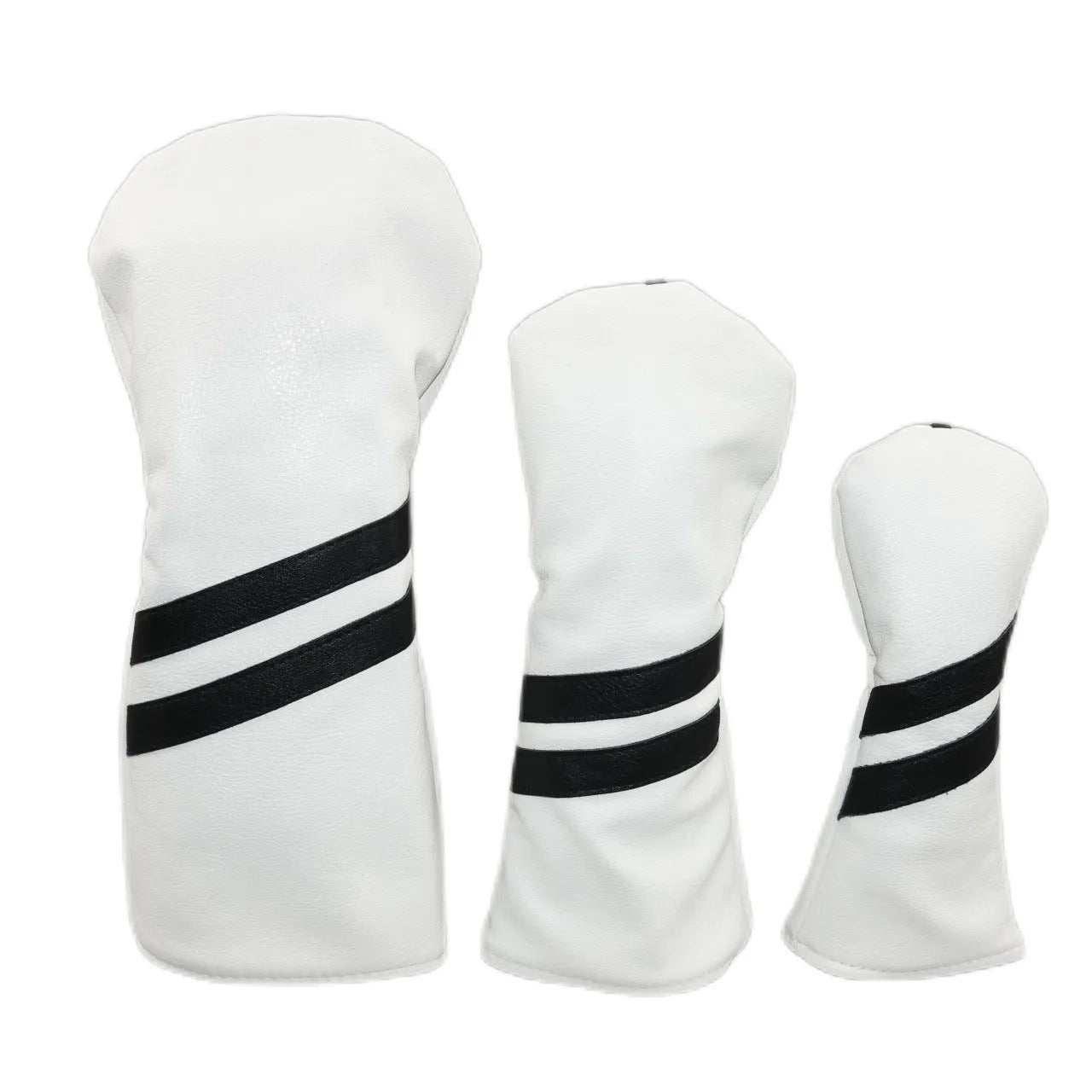 A striped golf club head cover for a driver, shown in black with white oblique stripes.