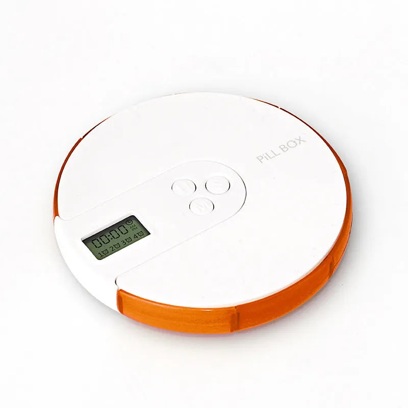 Blue 7-compartment alarm clock pill dispenser showing digital display and pill slots.
