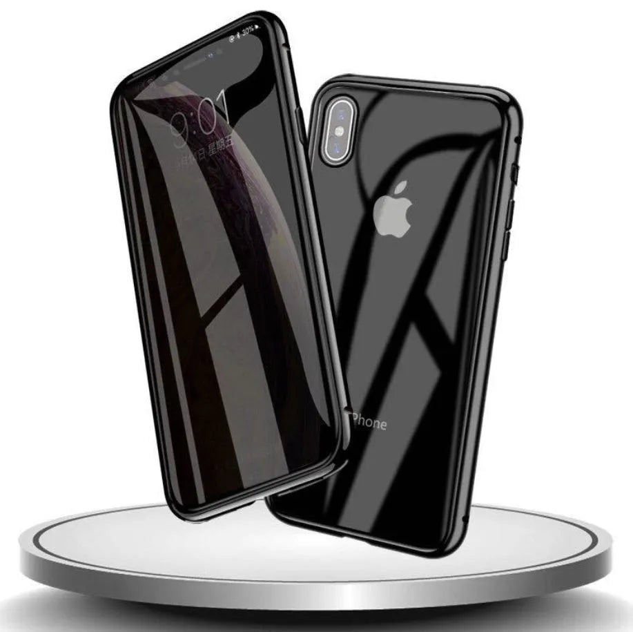 A glass clamshell anti-spy privacy case for iPhone, shown in a solid colour with a geometric design.