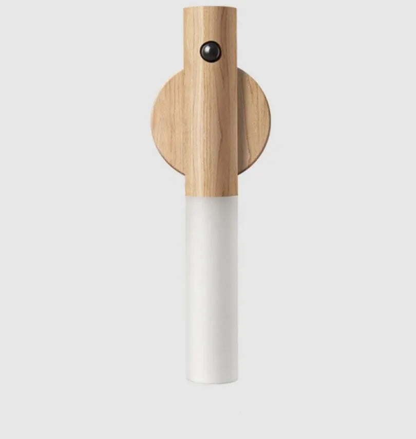 Smart sensor LED desk lamp in wood and glass, showing compact size and warm white light.
