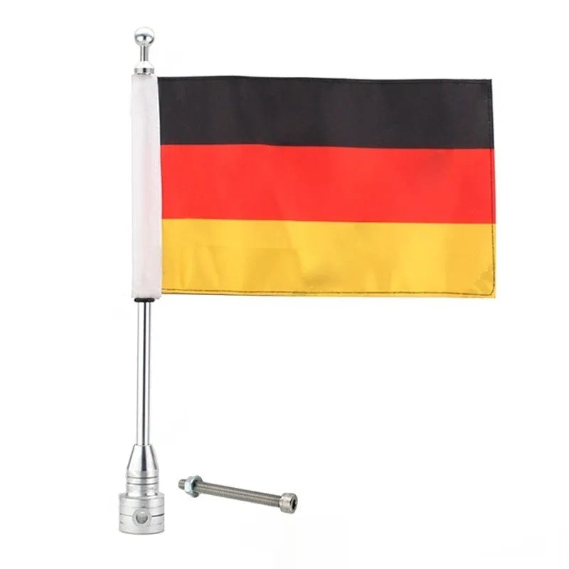Metal motorcycle flagpole for mounting on luggage rack, shown in black and silver finish options.