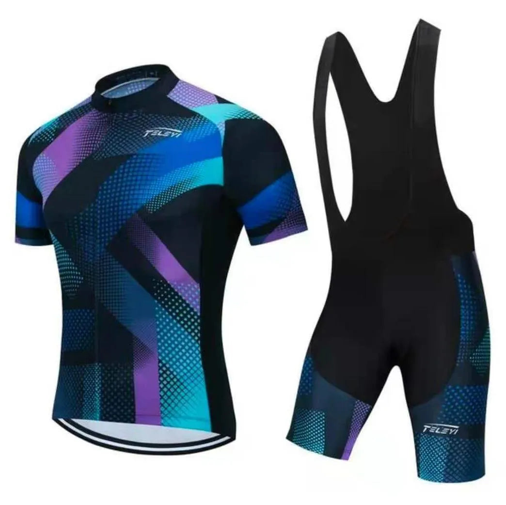 A short-sleeved cycling jersey and pants set for men and women, shown in one of seven available colour styles.