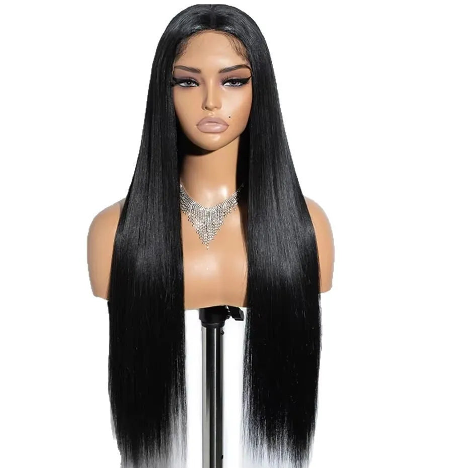 Straight human hair glueless wig with side bangs shown in natural style