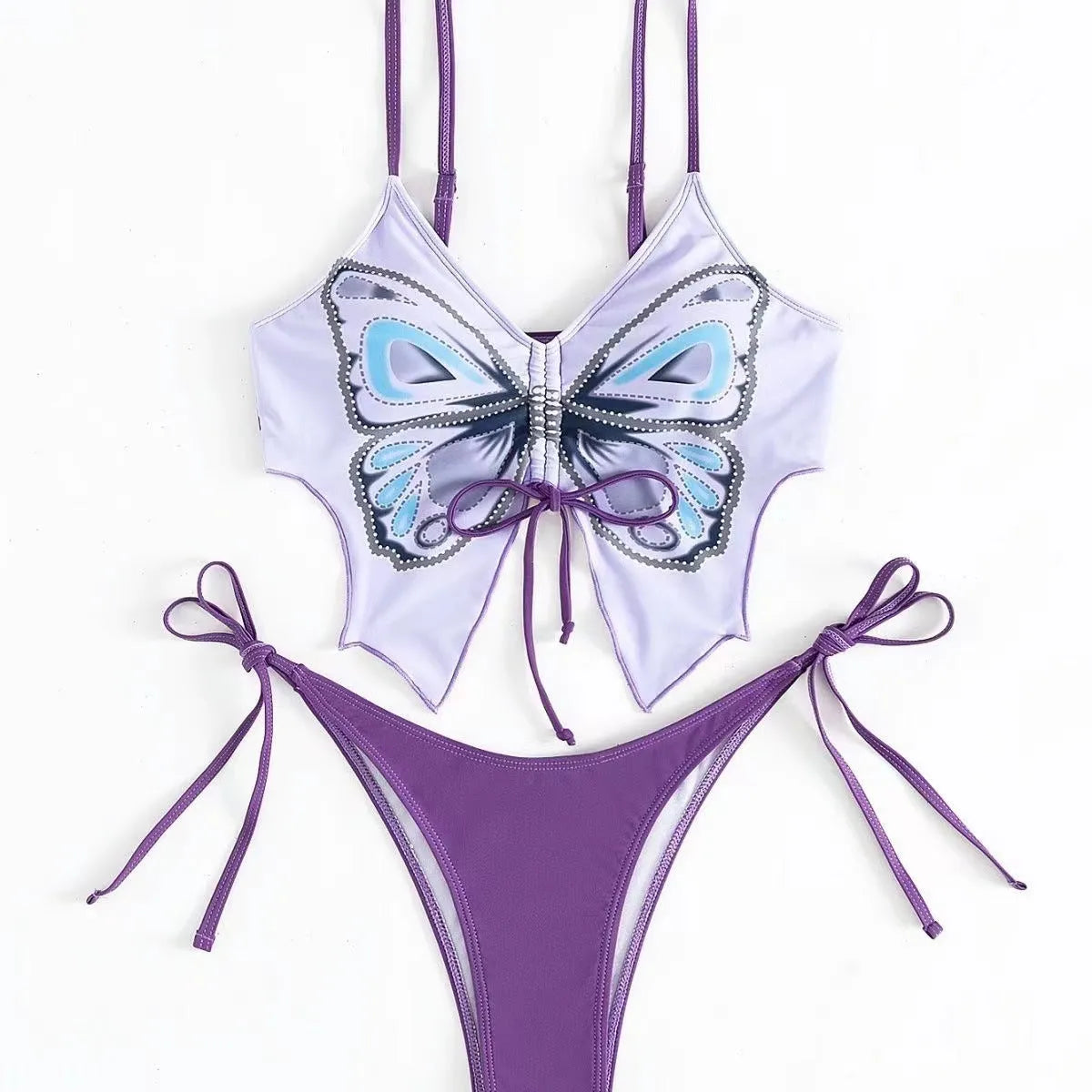 Women's purple split bow back bikini swimsuit set on mannequin, showing sleeveless top and briefs.