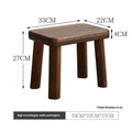 Rustic distressed wooden changing stool with bracket structure for shoe removal.