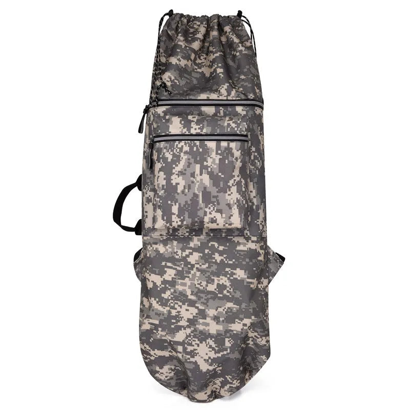 Lightweight waterproof skateboard backpack with camouflage pattern for fishing rods and outdoor sports gear