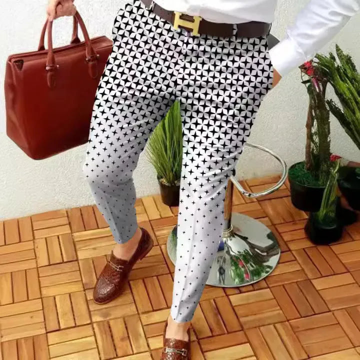 Men's slim-fit straight-leg casual trousers featuring a blue and black 3D printed plaid pattern.