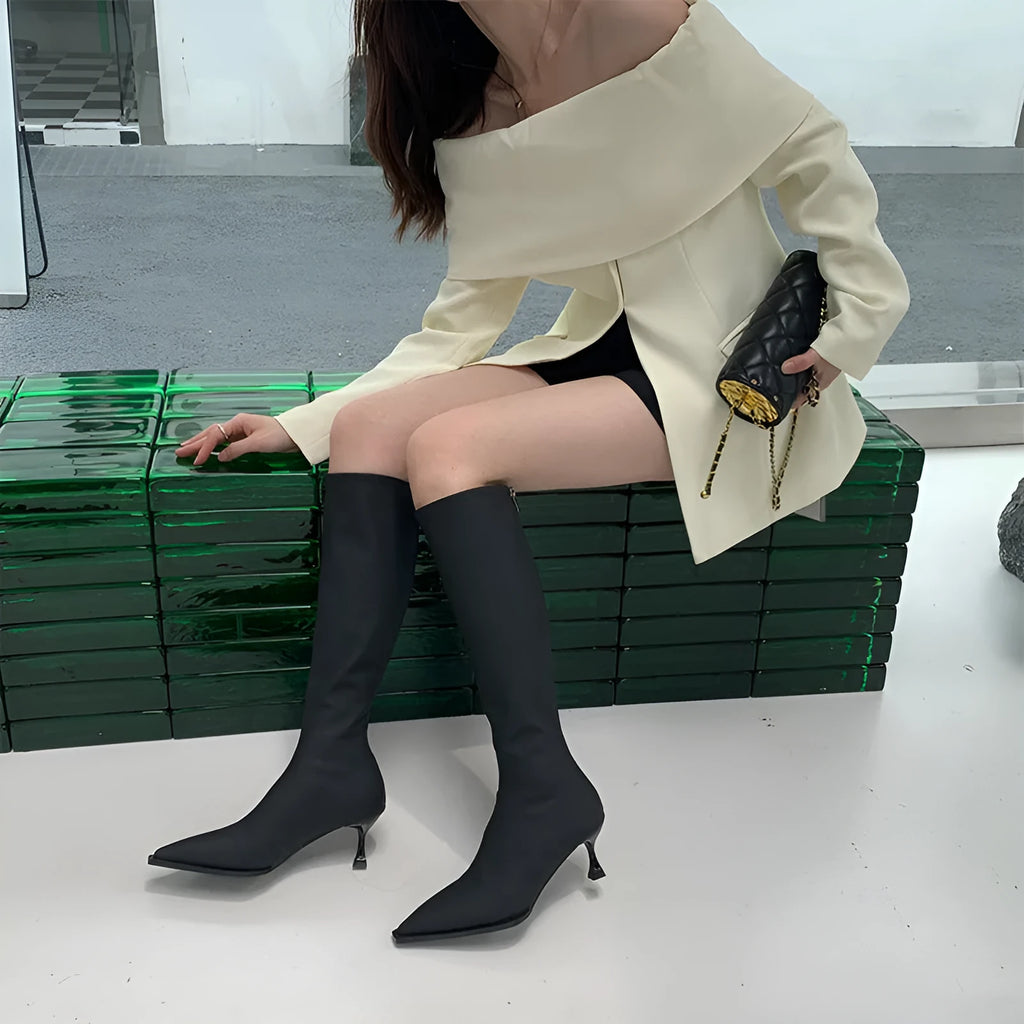 Women's black pointed toe stiletto heel boots with a back zip, shown from the side.