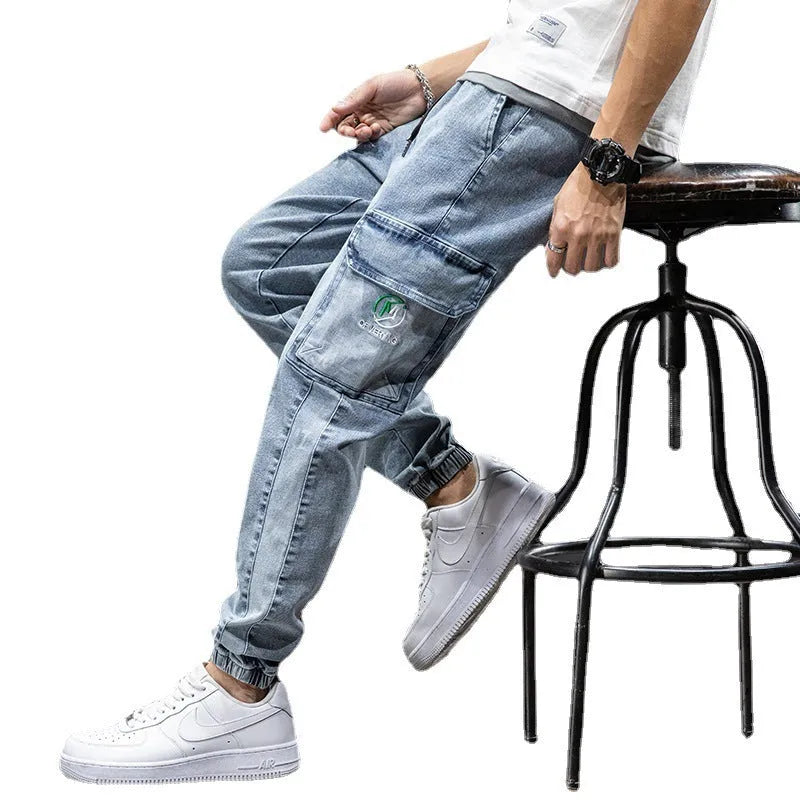 Men's straight-leg cargo jeans in Korean style with micro-elastic cotton fabric