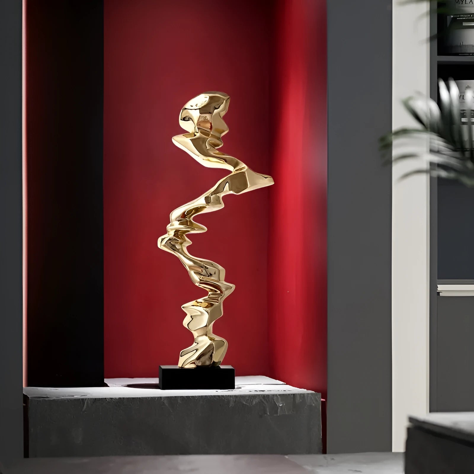 Modern minimalist abstract sculpture in natural resin, available in bright gold, elegant silver, or phantom blue.