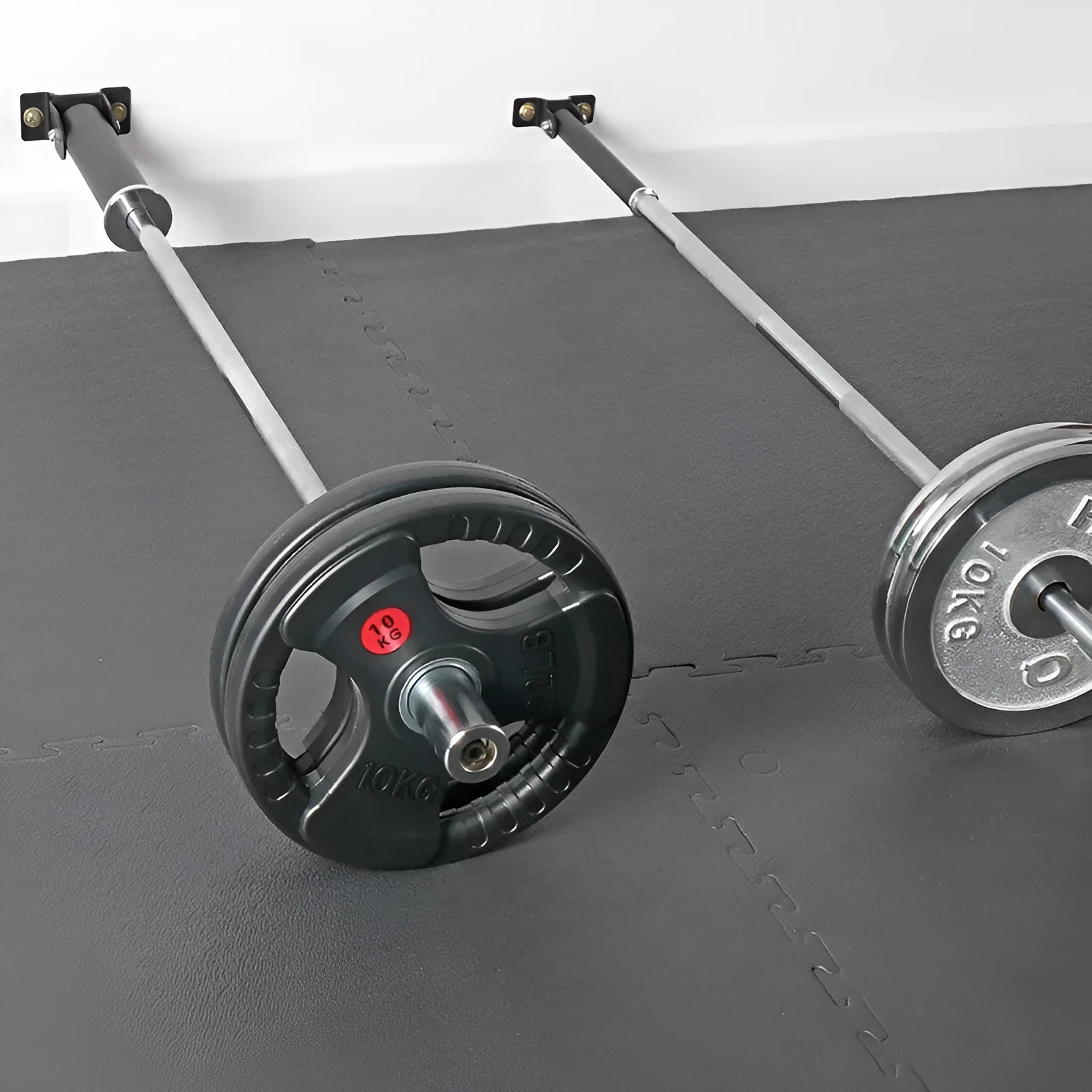 Steel wall-mounted barbell rack with 25 vertical tubes for shotgun barrel storage.