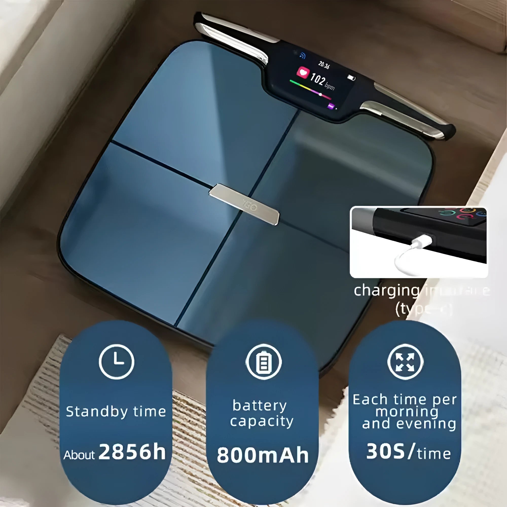 Black eight-electrode body fat weighing scale with LCD display for household health measurements