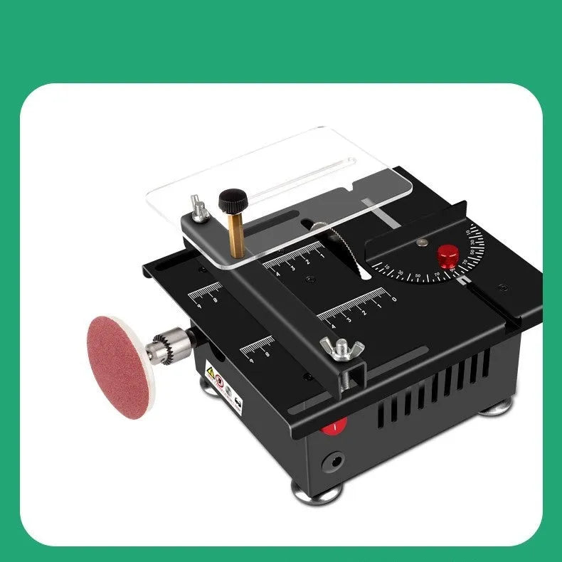 Cordless lithium-ion micro desktop saw with angle grinder design and five accessory attachments