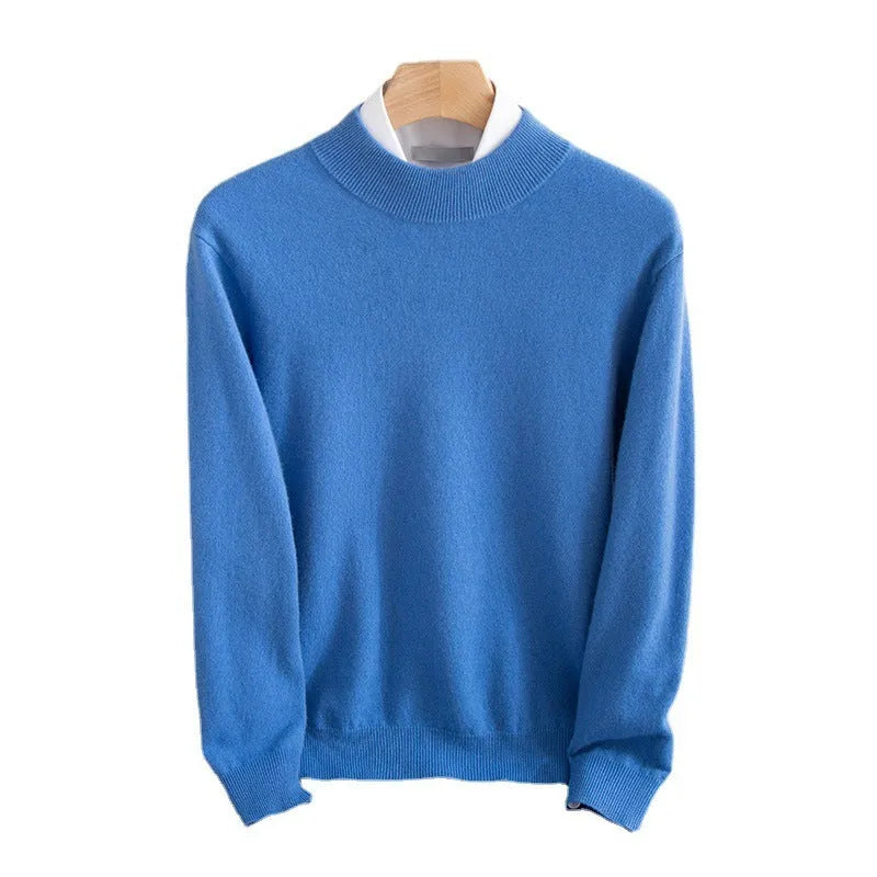 Men's loose fit half-collar wool sweater in a light business style, shown in a range of colours.