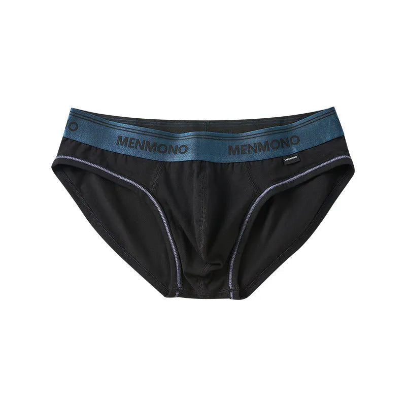 Men's low waist cotton blend briefs in a grey and blue colour block combination.