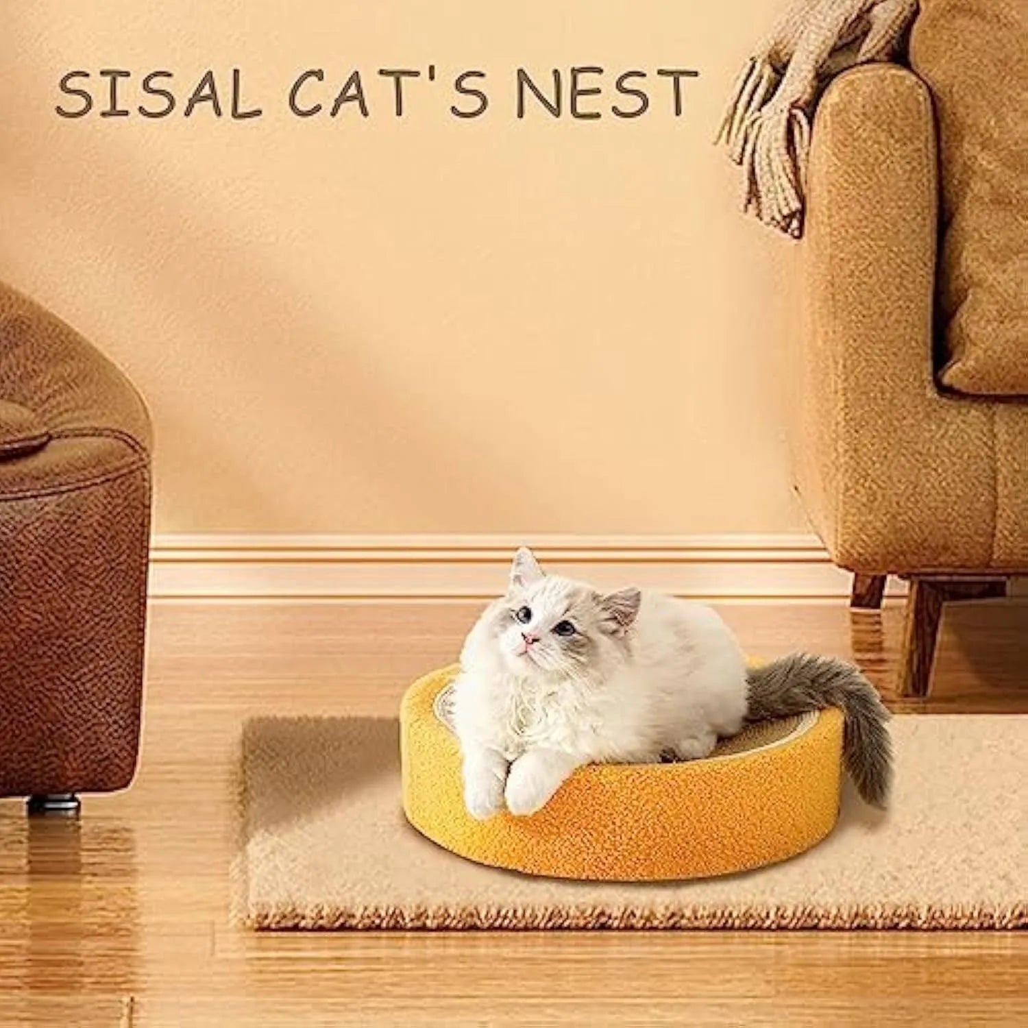 Yellow fruit-shaped sisal cat scratching board with concave centre for sleeping