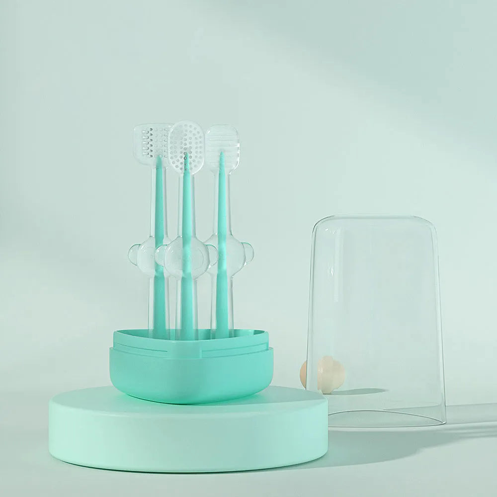 Silicone pet toothbrush set for dogs and cats in blue, green, and purple colours