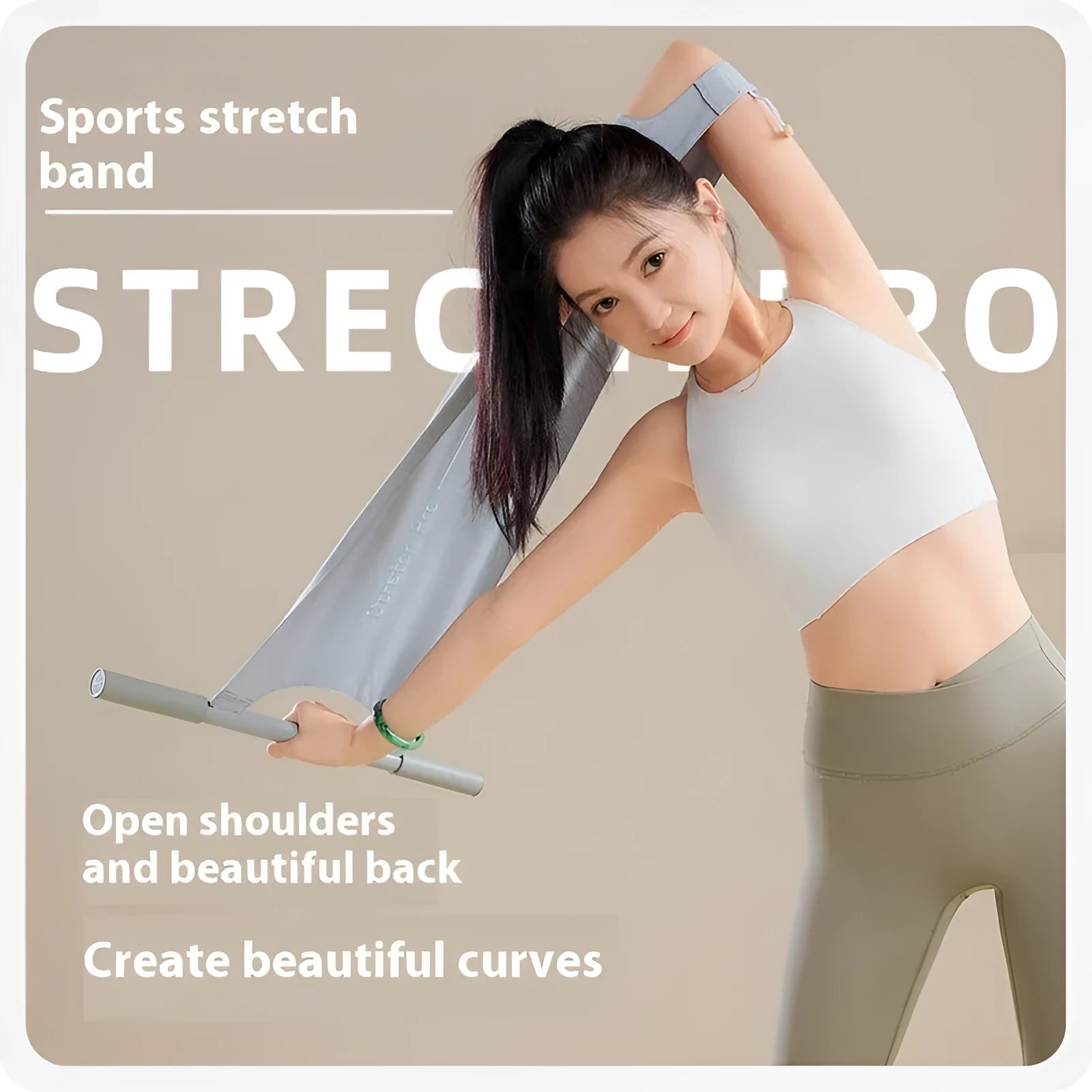 Yoga stretching tool for shoulder, back and hip exercises in grey or pink colour