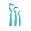 Set of three coloured plastic tick removal hooks for pets on a white background.