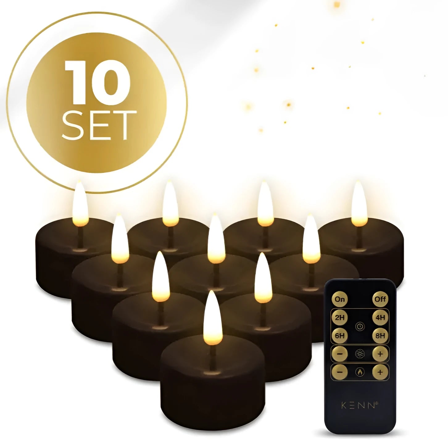 Four black S10 LED flameless tealight candles showing size and flickering LED light.