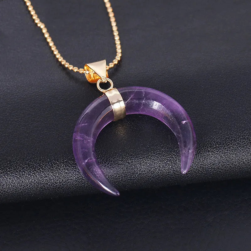 Natural stone moon pendant necklace with copper chain in pink or purple colour options