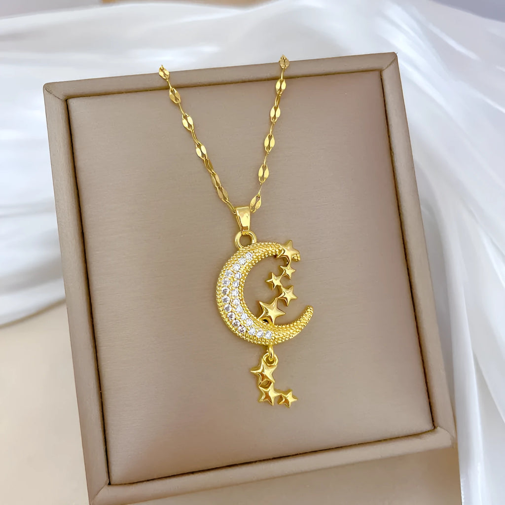 Geometric moon pendant diamond necklace with tassel chain in stainless steel and copper