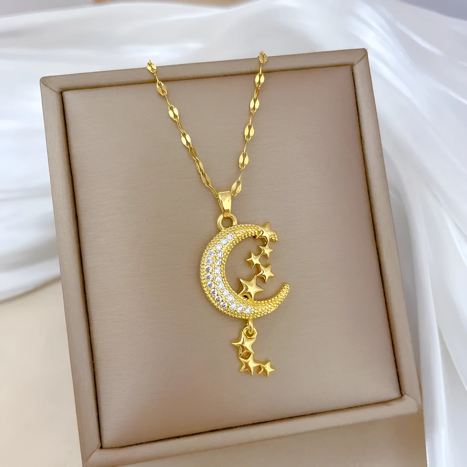 Geometric moon pendant diamond necklace with tassel chain in stainless steel and copper