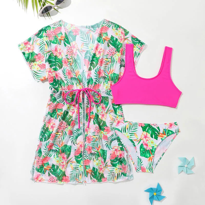 Girls' two-piece floral pattern swimsuit with polyester high elasticity fabric in available sizes