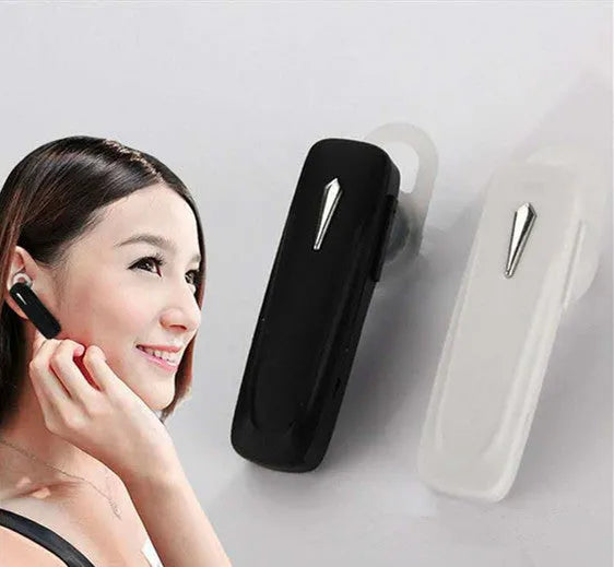 M163 car Bluetooth headset in black and white colour options showing call control buttons and Bluetooth connectivity