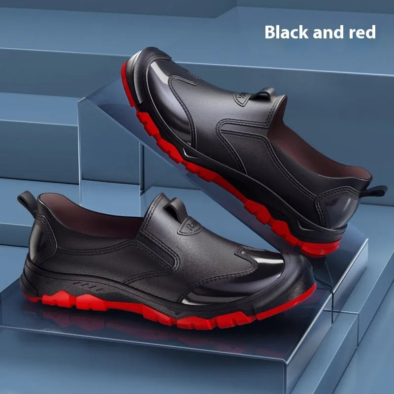 Short tube PVC wading shoe covers with round toe and non-slip plastic sole in solid colour.