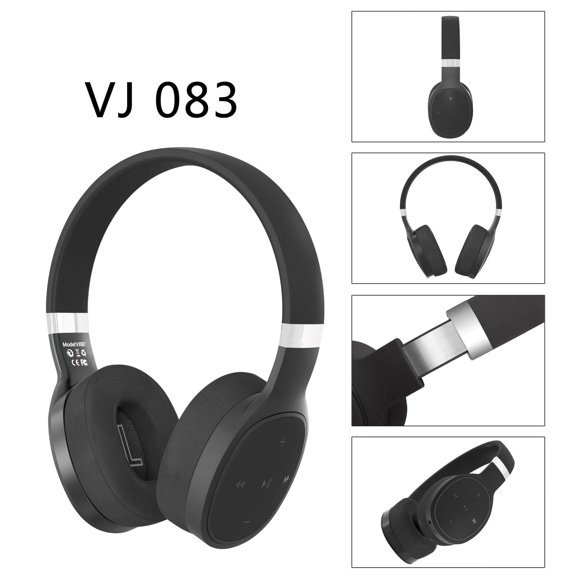 Wireless Bluetooth over-ear headset in black, shown with its packaging box.