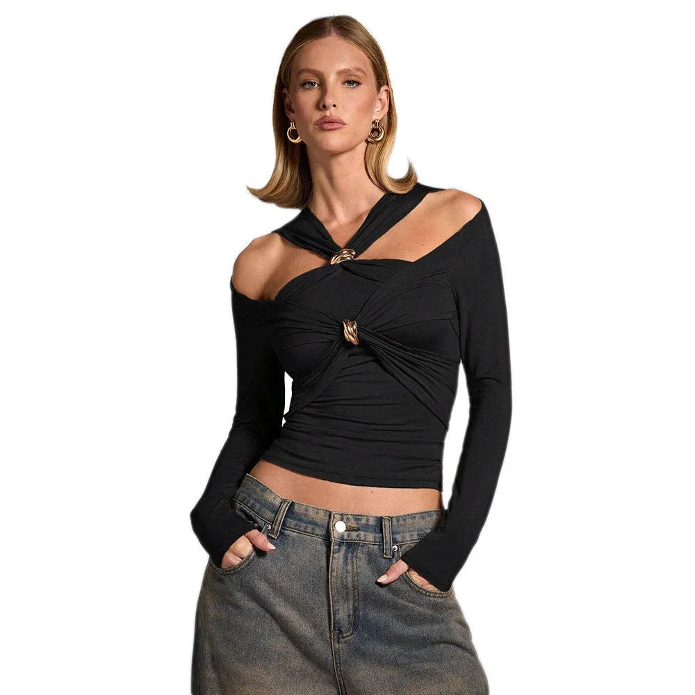 Black women's slim fit halter top with long sleeves on a model.
