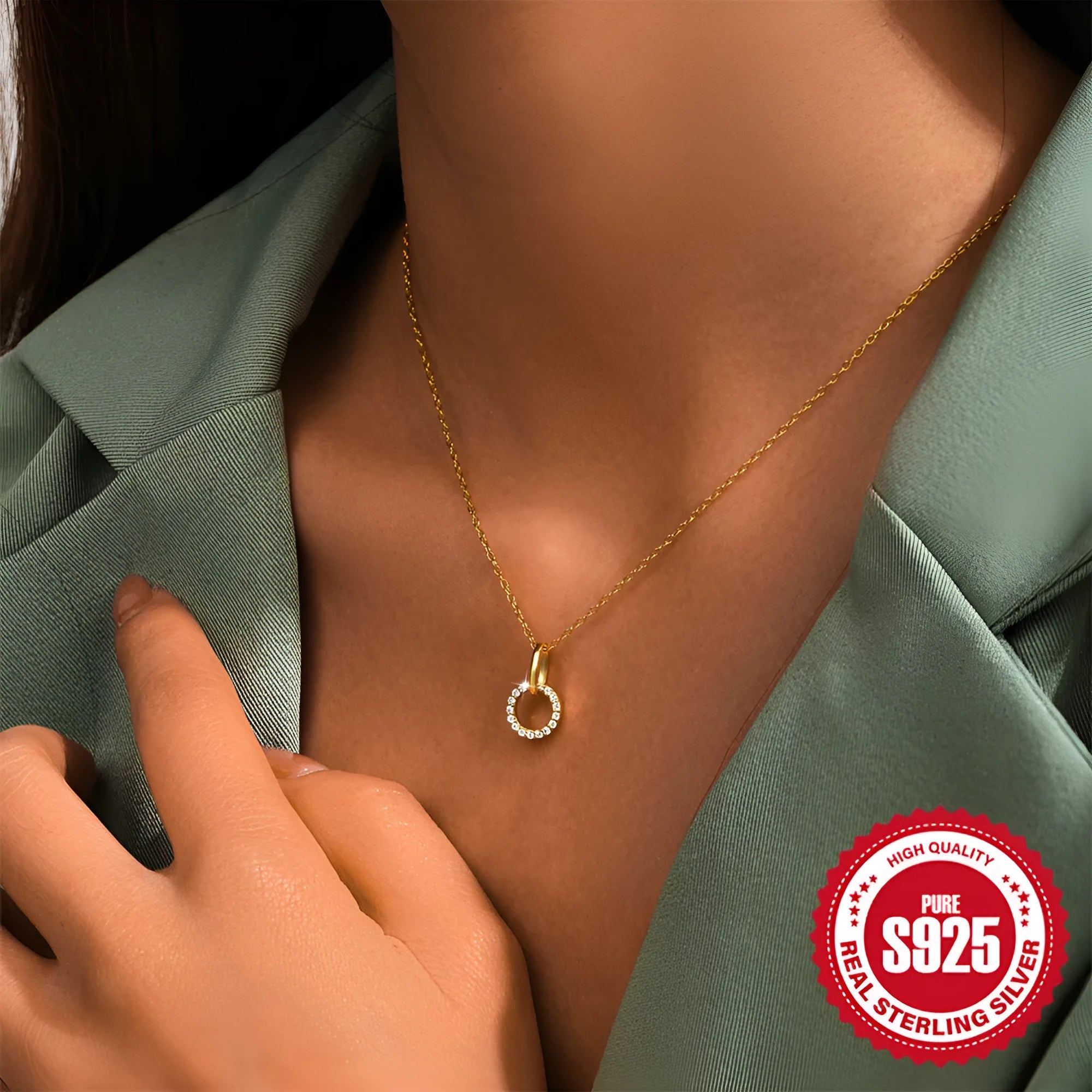 Gold-colour sterling silver clavicle chain necklace with geometric zircon pendant on adjustable 21-50cm chain