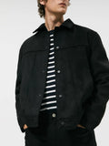 Black men's hooded jacket with suede collar, side pockets and straight hem