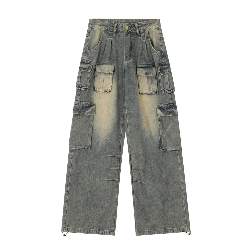 Men's loose fit distressed cargo jeans with multiple pockets in street hipster style