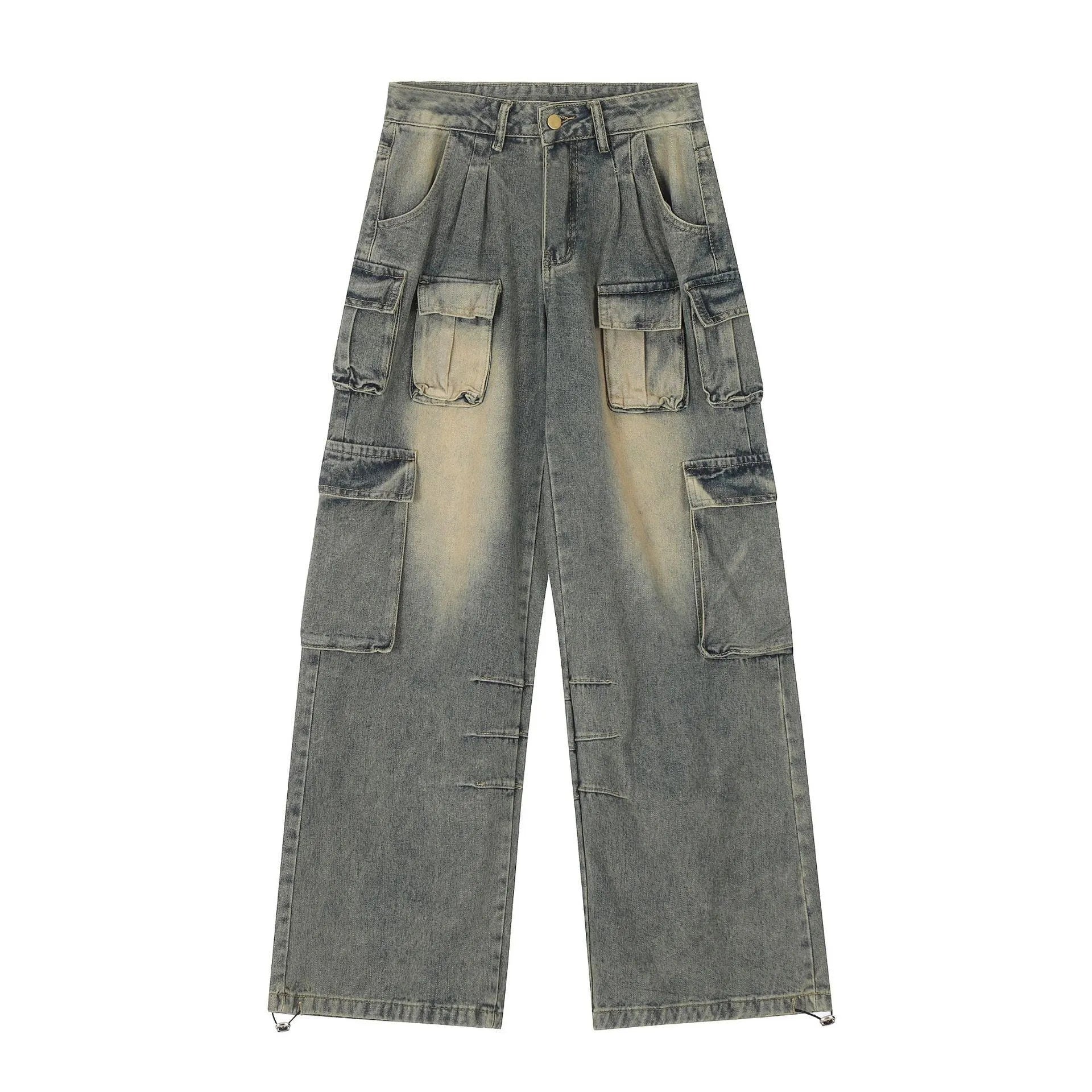 Men's loose fit distressed cargo jeans with multiple pockets in street hipster style
