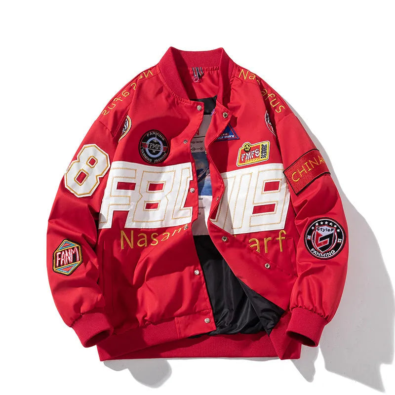 Black American motorcycle baseball jacket with side pockets, shown with detachable hood, for couple riding.