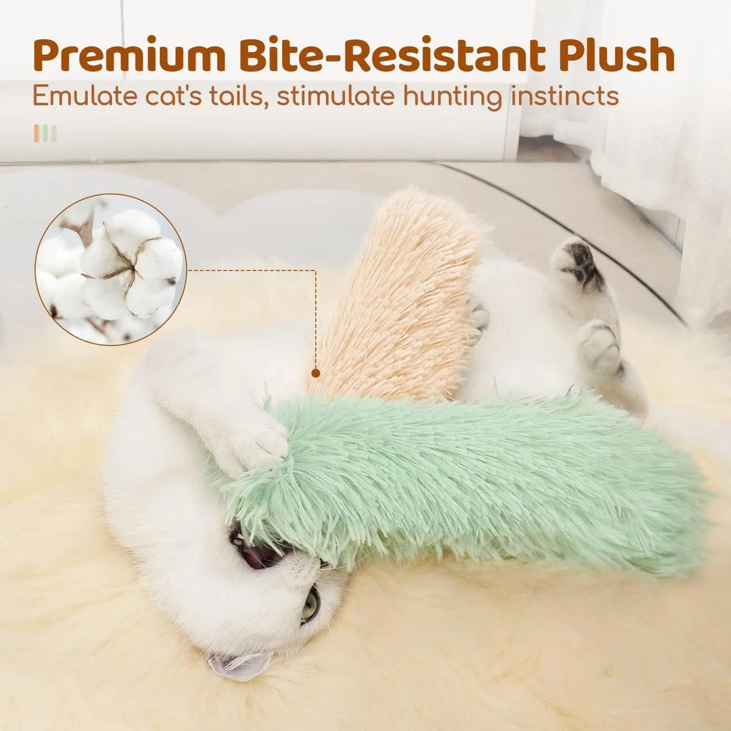 Soft plush cat toy pillow in blue, green, pink, or white, measuring 27cm long by 10cm wide