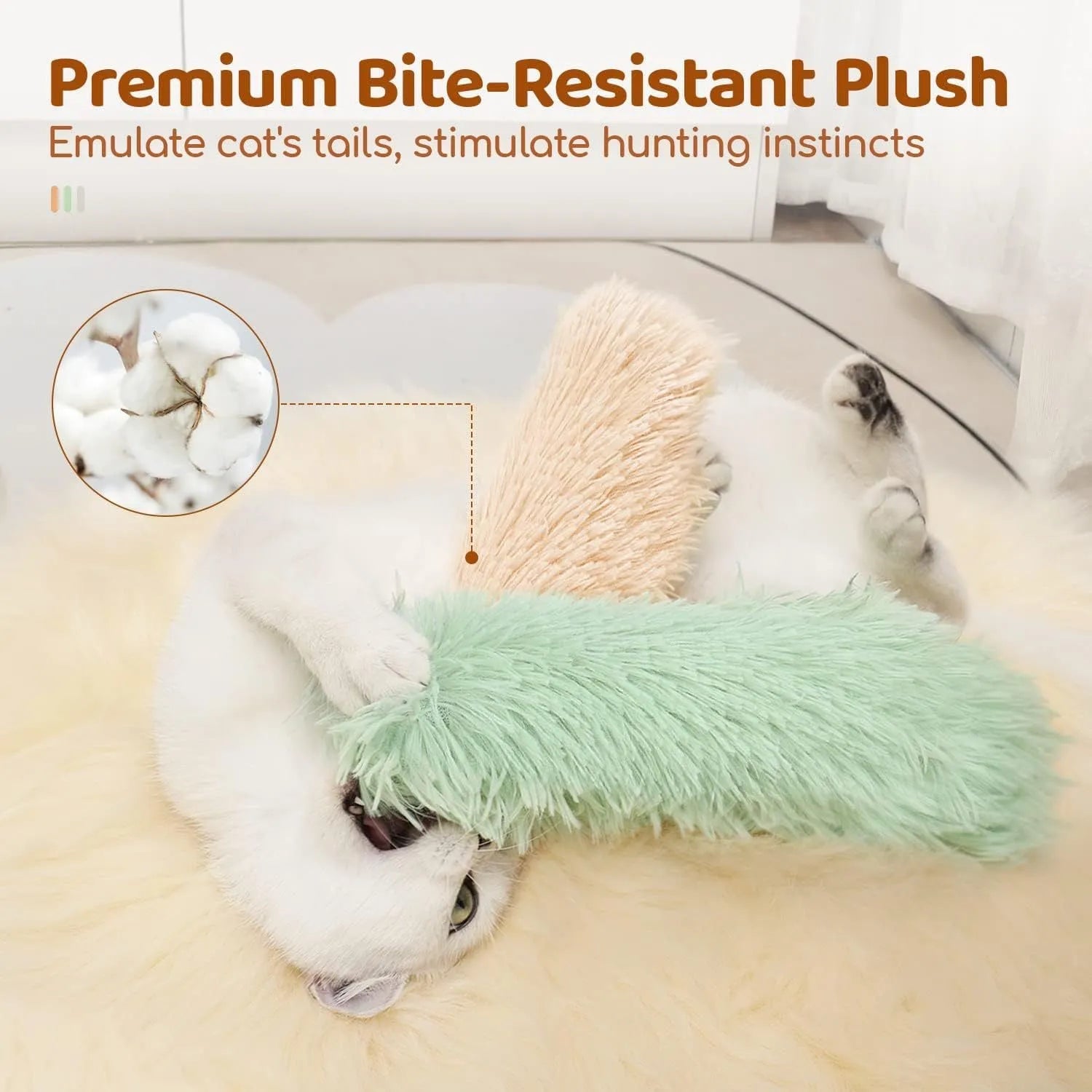 Soft plush cat toy pillow in blue, green, pink, or white, measuring 27cm long by 10cm wide