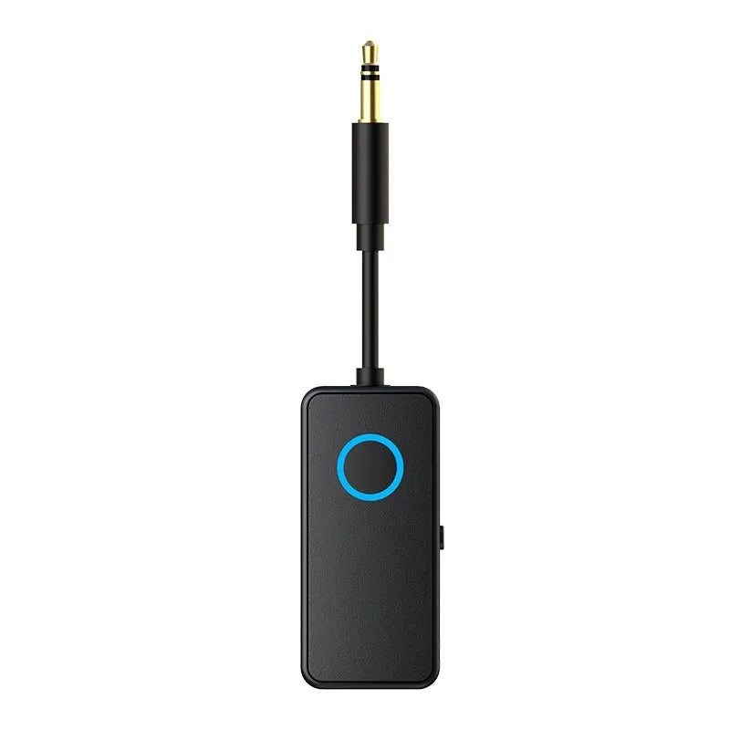 Black Bluetooth 5.4 audio adapter with flexible 3.5mm plug for wireless connectivity