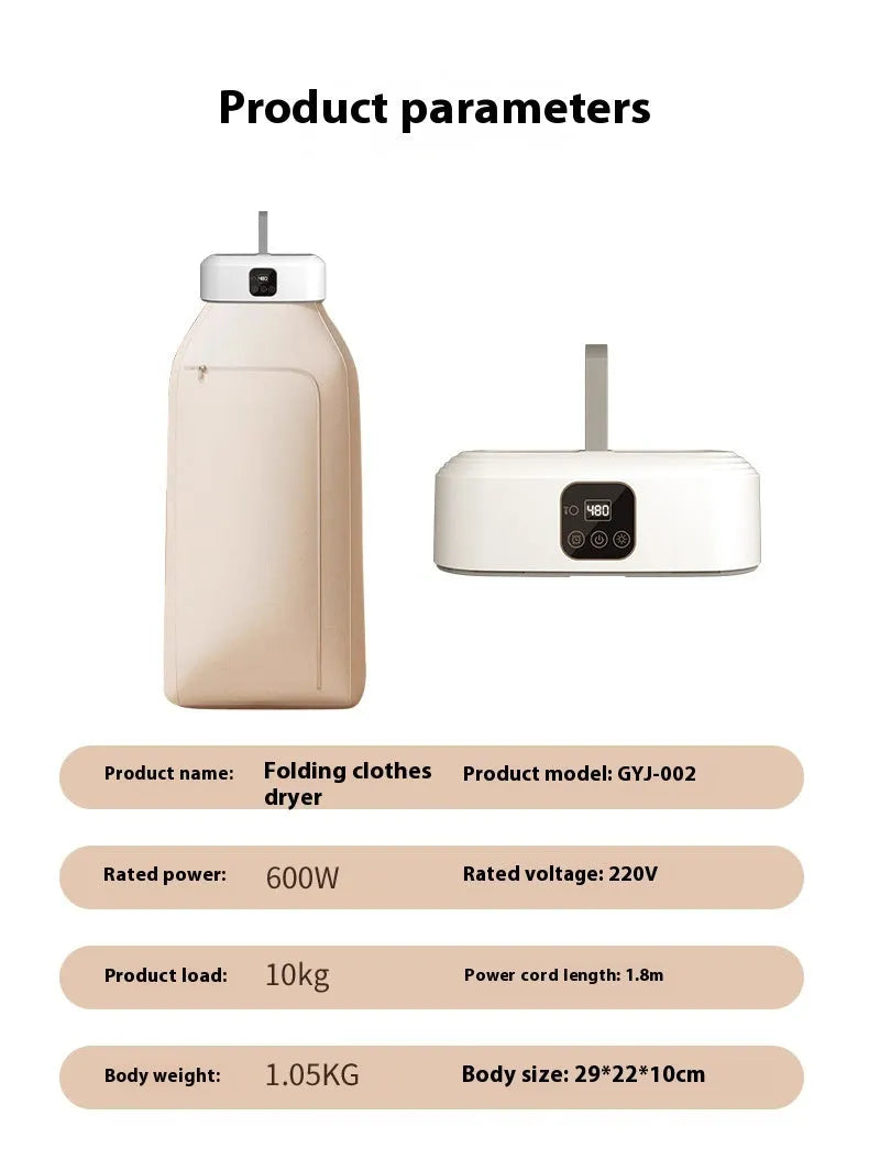 White cylindrical remote control clothes dryer with compact foldable design