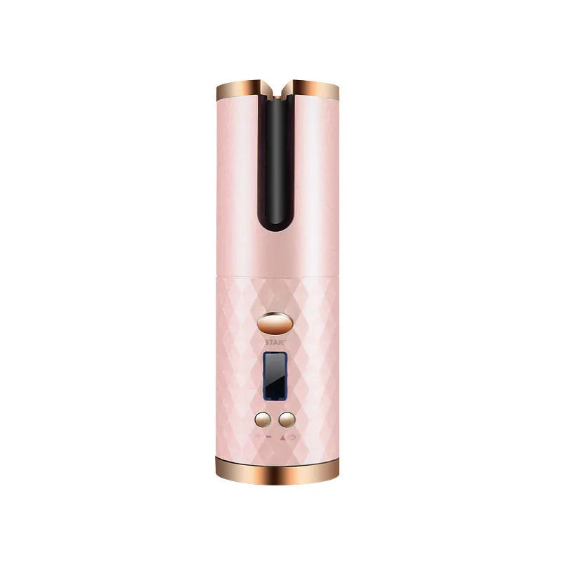 White USB curling iron with gold ceramic barrel and temperature control display