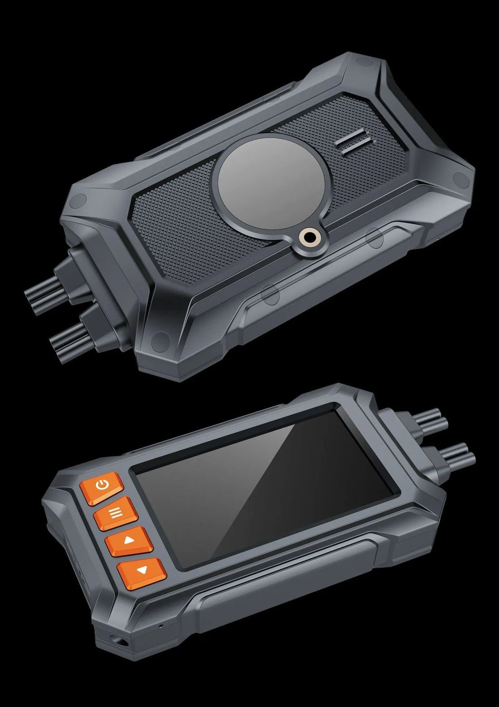 3 inch motorcycle dashcam with dual lenses, GPS module, and installation cables on a motorcycle handlebar.