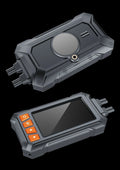 3 inch motorcycle dashcam with dual lenses, GPS module, and installation cables on a motorcycle handlebar.
