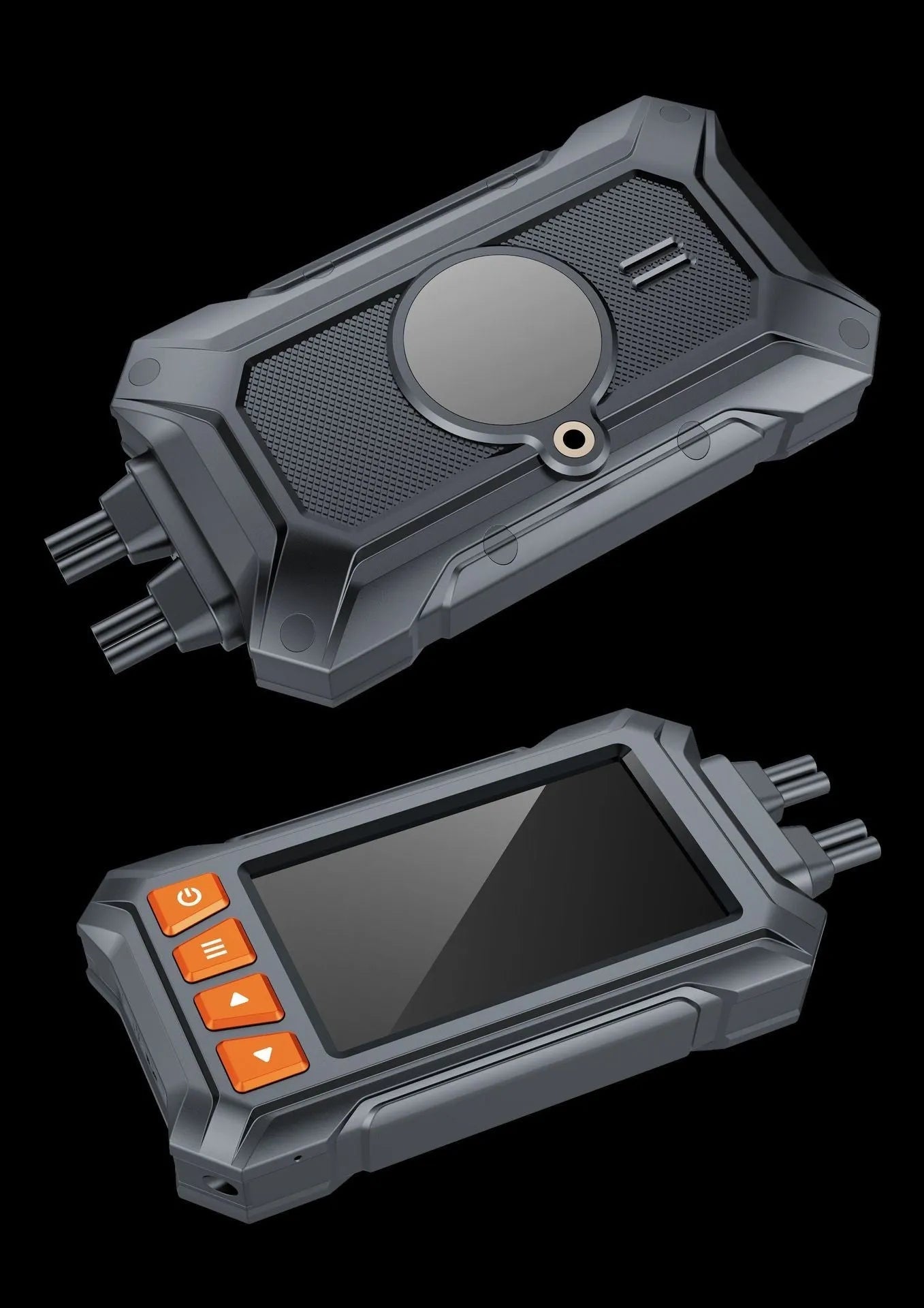 3 inch motorcycle dashcam with dual lenses, GPS module, and installation cables on a motorcycle handlebar.